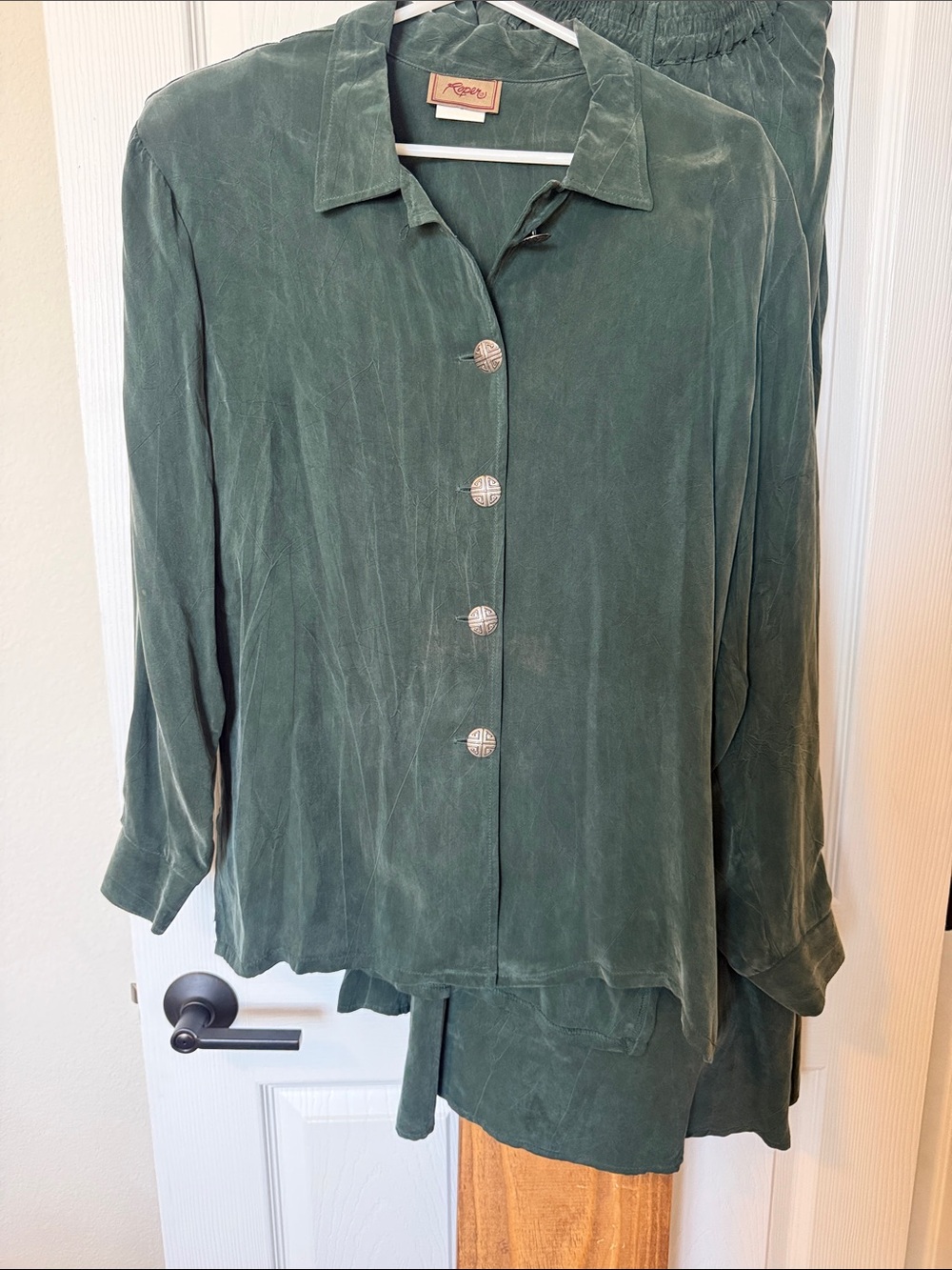 Vintage Roper Western Green Button-Front Lightweight Silk Blouse and Skirt